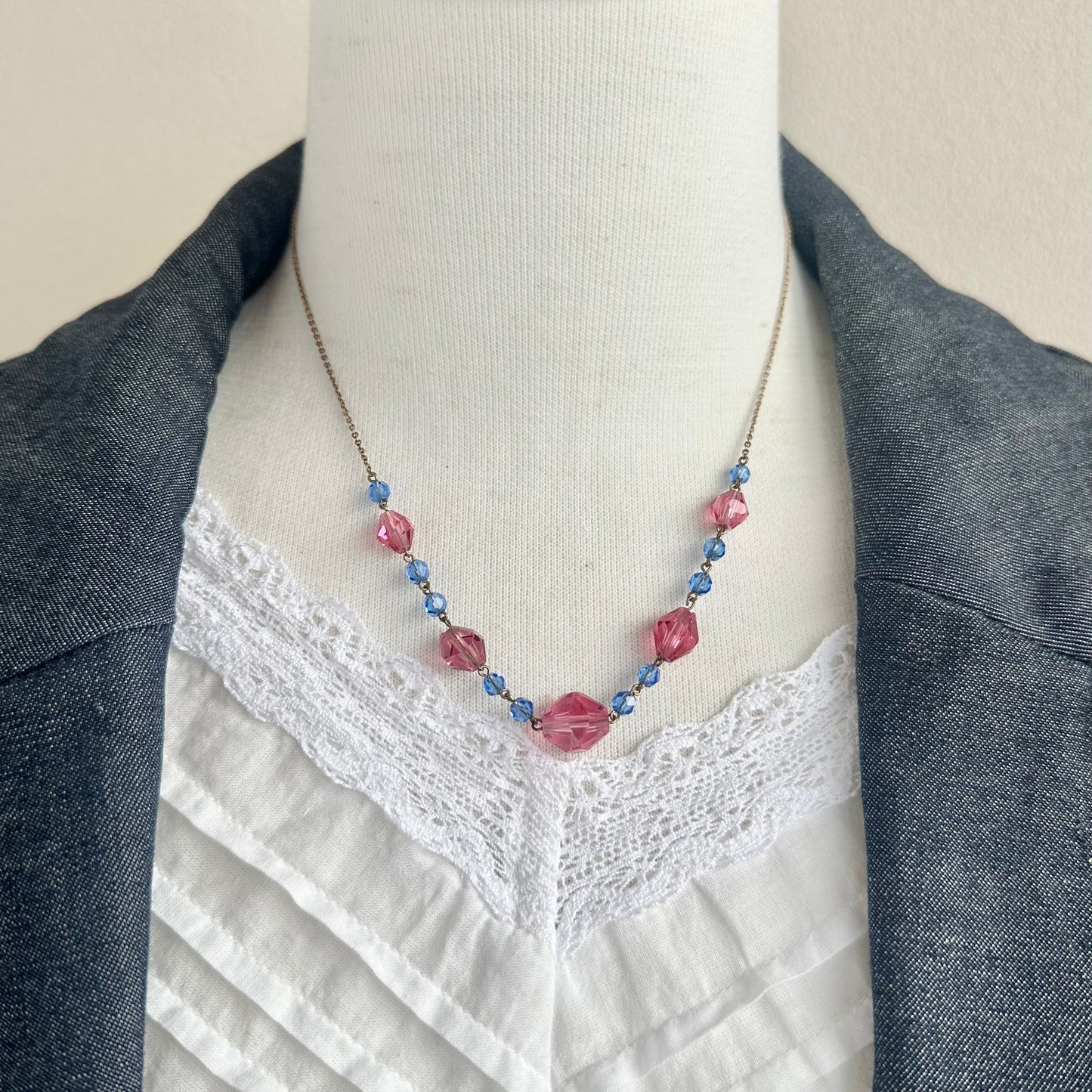 チェコグラス ピンク&ブルー ヴィンテージネックレス