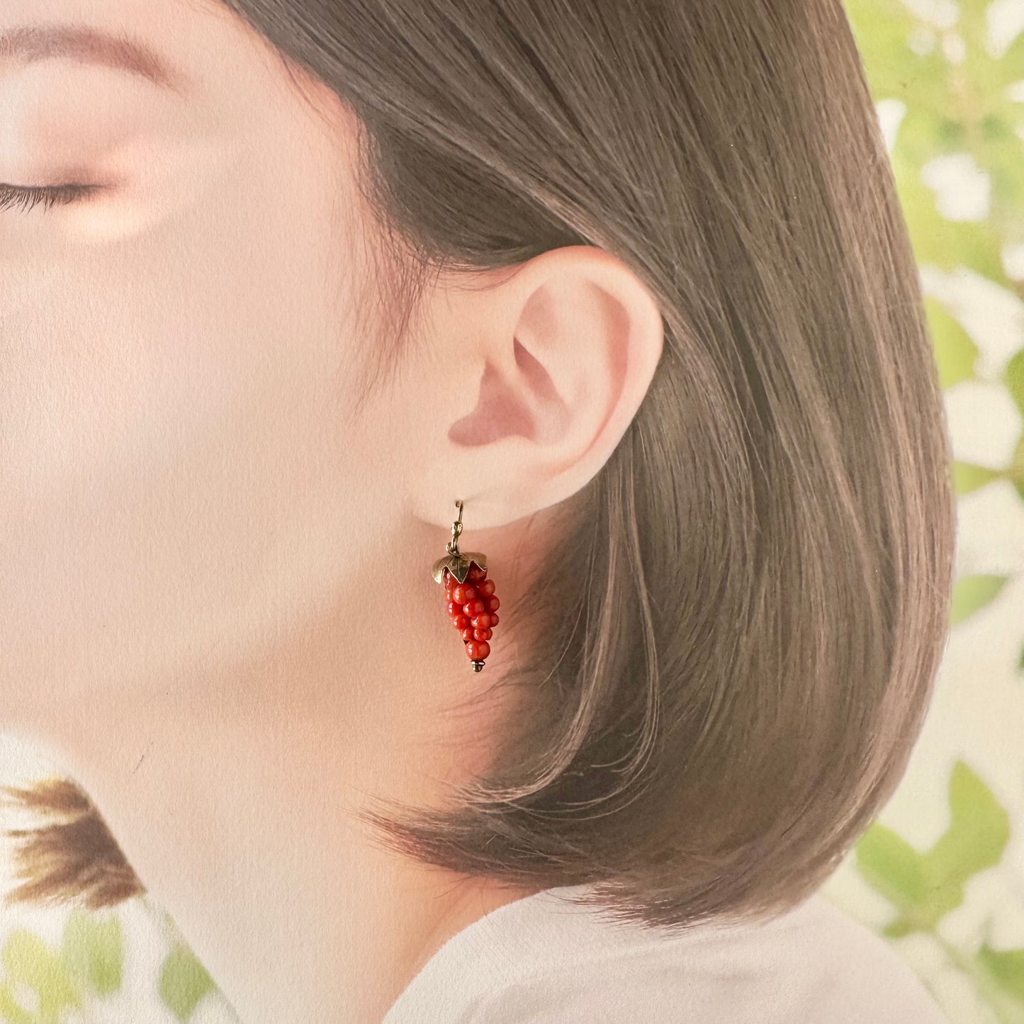 アンティークコーラル ぶどう ピアス(鑑別書付)