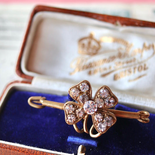 アンティーク クローバー ギルトメタル オールドカットグラス ブローチ