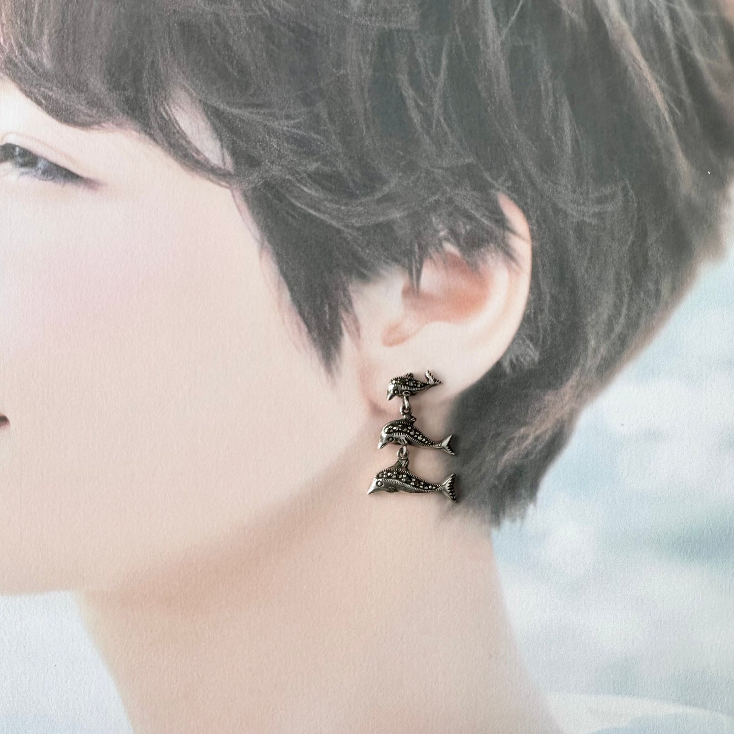 スターリングシルバー&マーカサイト イルカ ドロップピアス