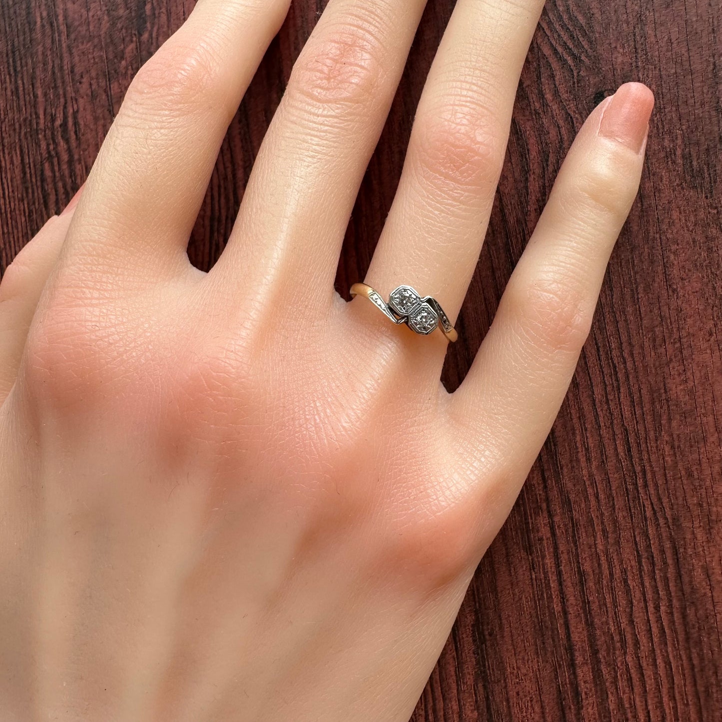 9ctゴールド&プラチナ アールデコ ダイヤモンド スクエアトワエモアリング 12号(鑑別書付)