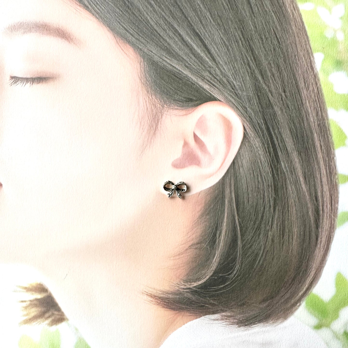 シルバー&マーカサイト リボン ピアス