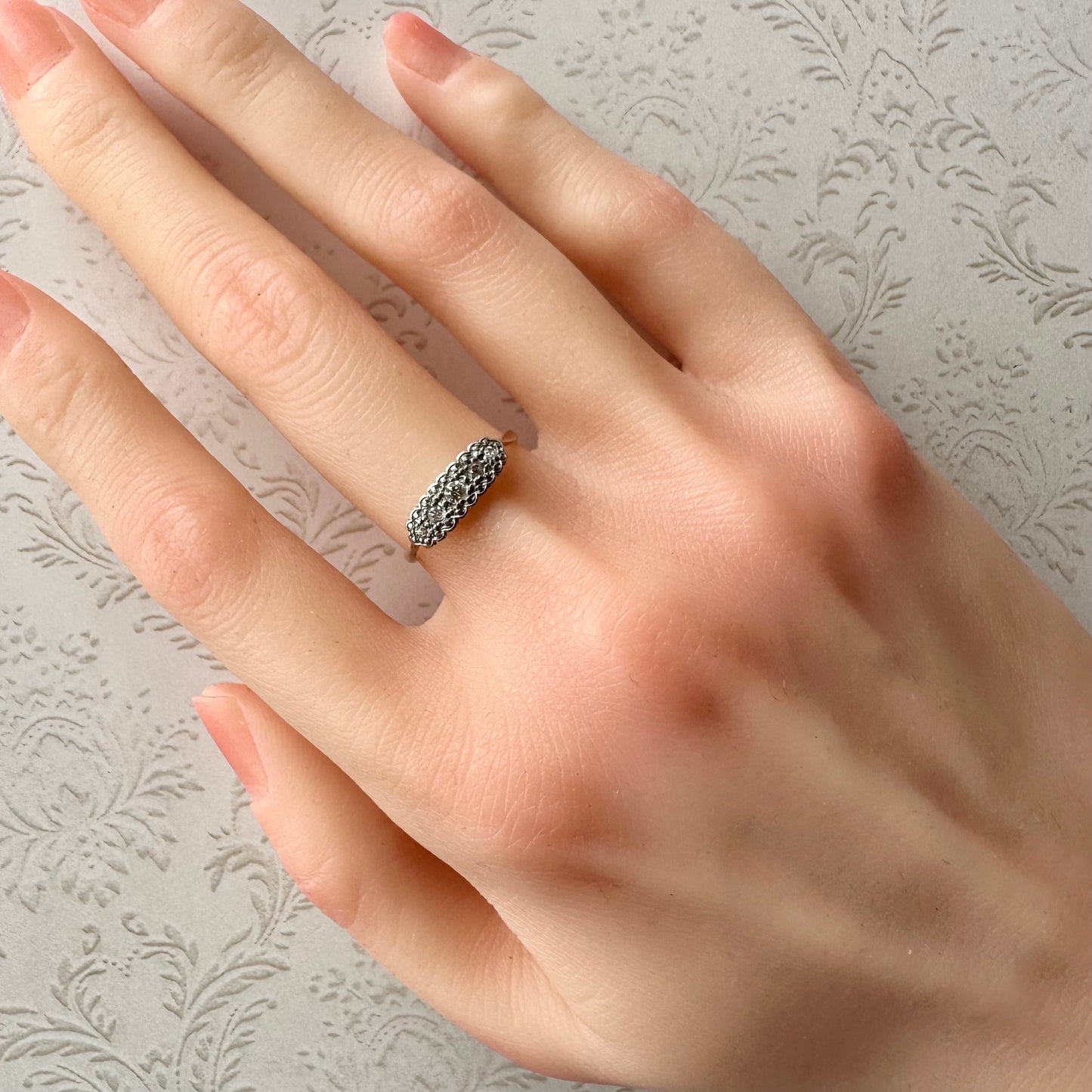 9ctゴールド&プラチナ アンティーク ダイヤモンド ボートリング 15号(鑑別書付)