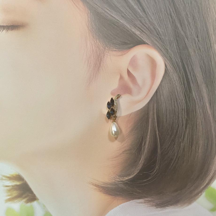 ヴィンテージ サファイアカラーグラス&グラスパール ピアス