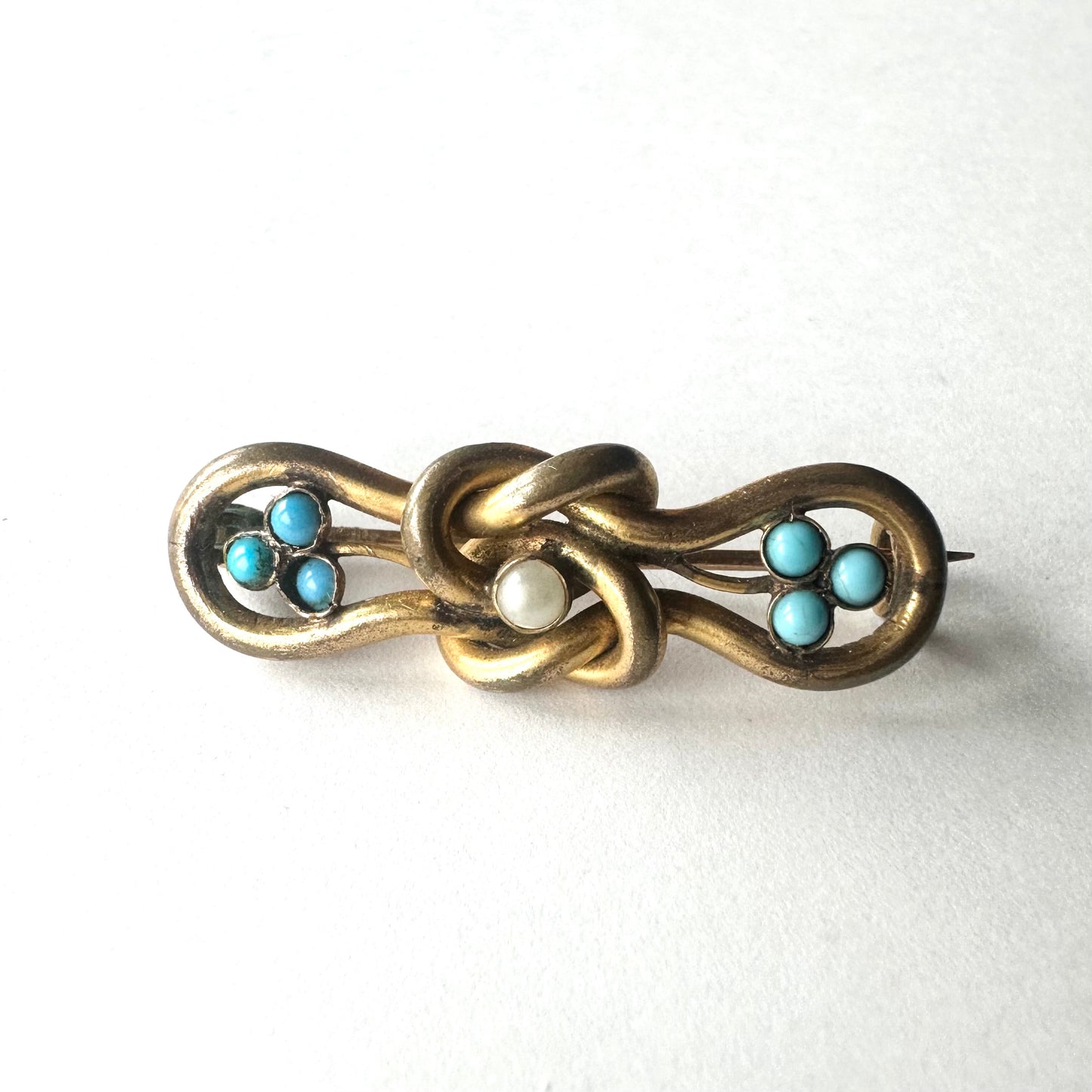 エドワーディアン ノット ターコイズグラス＆グラスパール ブローチ
