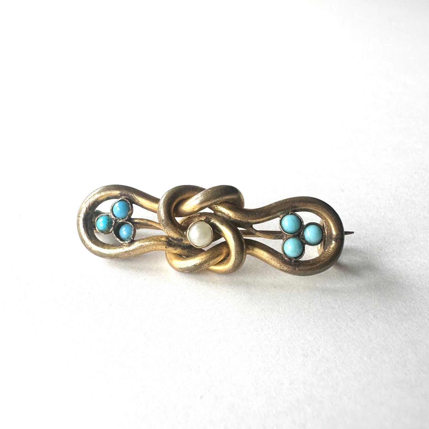エドワーディアン ノット ターコイズグラス＆グラスパール ブローチ