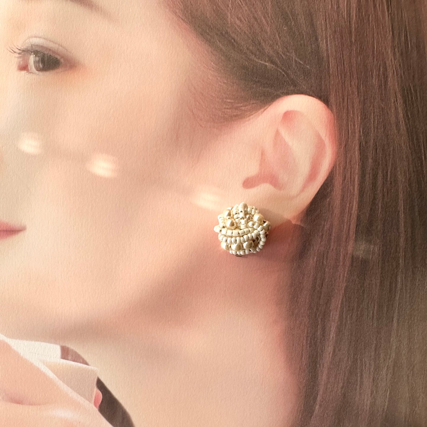 ブレイデッド ホワイトビーズ ヴィンテージイヤリング