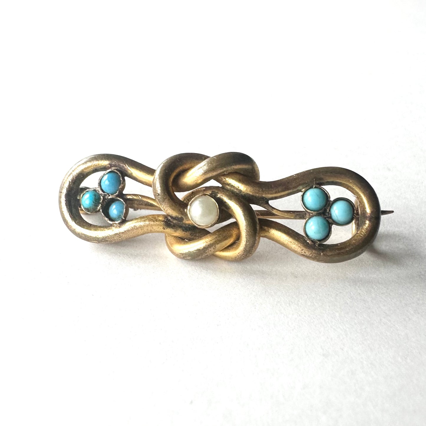 エドワーディアン ノット ターコイズグラス＆グラスパール ブローチ